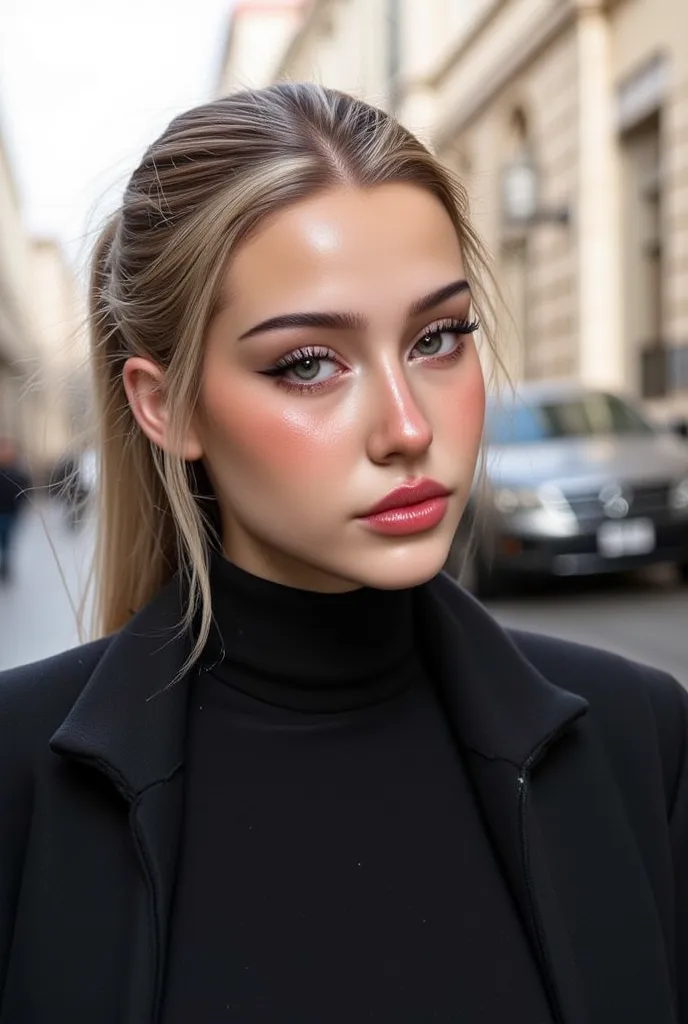 A captivating young woman with green eyes and a mesmerizing blonde balayage hairstyle poses in a busy city. Her silky, sun-kissed hair cascades in smooth waves, blending light and dark blonde tones seamlessly, hair up in a ponytail. Her gaze is confident y...