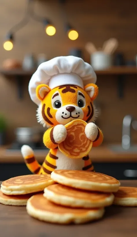 "A tiny stuffed tiger, wearing a mini chef hat, eagerly reaching up to 'eat' a mini tiger-striped pancake. The stuffed tiger could be holding the pancake in its tiny paws or playfully nudging it with its nose, adding a whimsical touch to the scene. The pan...