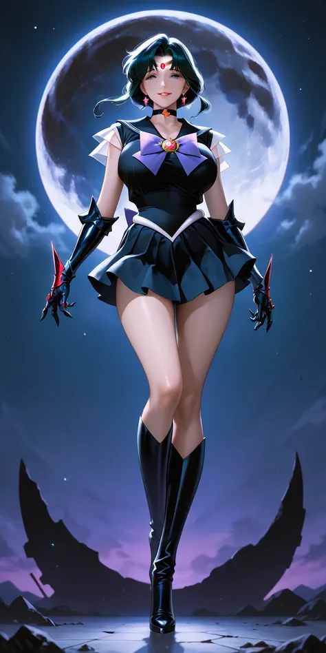 Masterpiece, newest, vibrant, very aesthetic, high contrast, mature woman, black moon\(sailor moon\), tall , big breast, black sailor senshi uniform (black sailor senshi uniform shirt, black sailor senshi uniform gauntlets, black sailor senshi uniform skir...