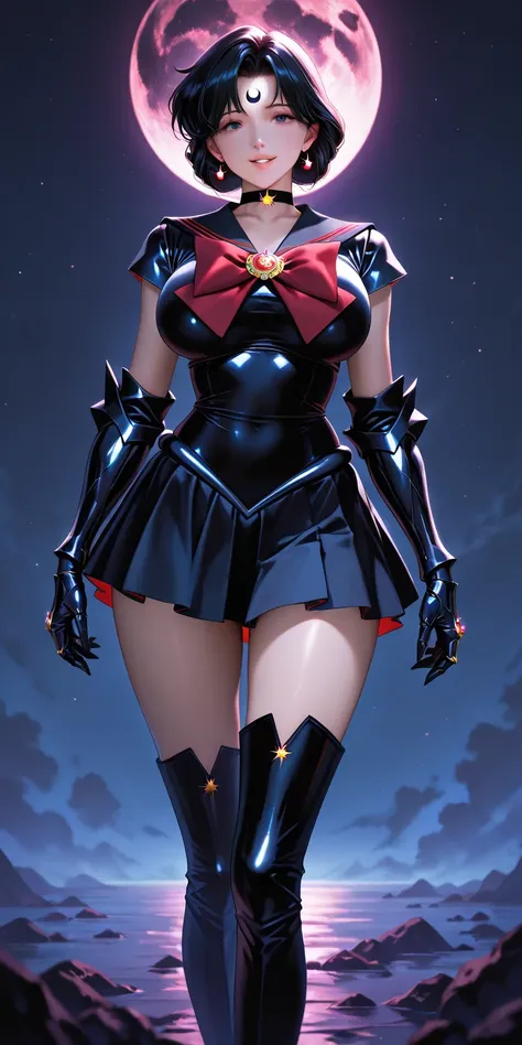 Masterpiece, newest, vibrant, very aesthetic, high contrast, mature woman, black moon\(sailor moon\), tall , big breast, black sailor senshi uniform (black sailor senshi uniform shirt, black sailor senshi uniform gauntlets, black sailor senshi uniform skir...