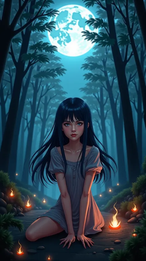 1 Anime Girl, long, very dark blue hair with bangs, des yeux perçants, In the middle of a realistic dark forest with a big moon and a few flames on the ground,