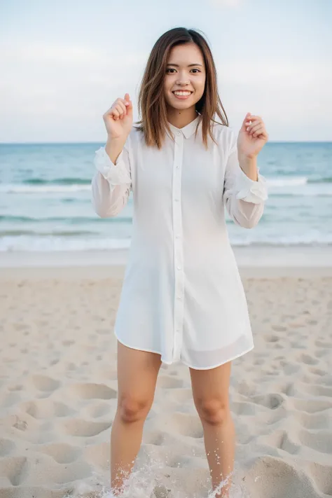 high resolution, rich contrast, best quality, intricate,  1girl , Alone,  white dress , ((full body)),  (Chiffon Empire line dress),  slim figure, sandy beaches, Wave splash, Wet Dress , Entering the ocean、Waves at your feet