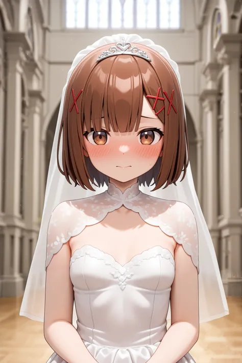 1girl, small breasts, imouto, short hair, straight bangs, brown hair, brown eyes, red x hair ornament, blushing, bride dress, church