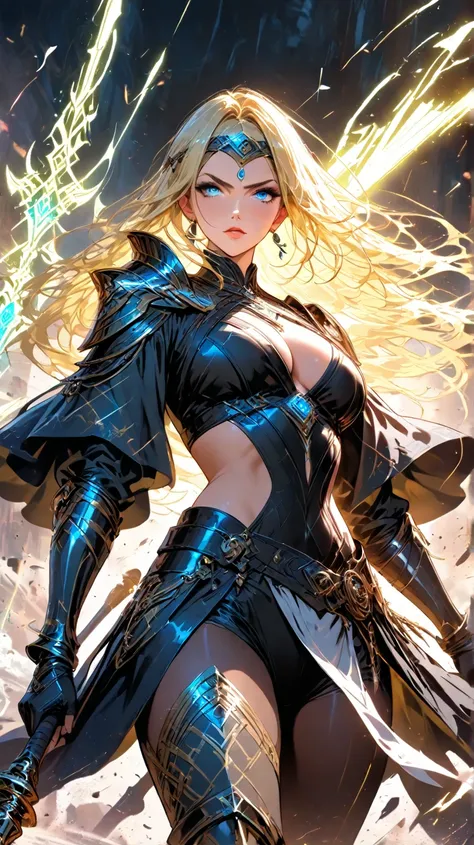 Aquí tienes una versión mejorada y más detallada del prompt:  

**"A breathtaking blonde warrior waifu, exuding confidence and power. She wears an intricately designed, revealing battle armor that accentuates her curves while maintaining a regal and fierce...