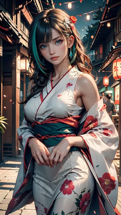 ( masterpiece,  top quality,  high res:1.4),  wallpaper,  full-bodied ,  1 girl,  long hair, ( Lantern:1.0), (  black hair:1.0),  GREEN EYES ,  multicolored hair,  gradation hair ,  small boobs,  Sideways Around the Thigh  , yukata ,  holding party popper,...