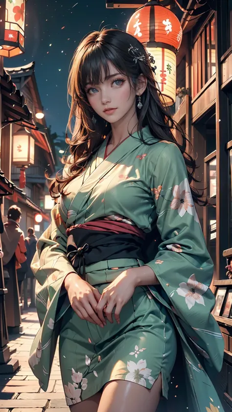 ( masterpiece,  top quality,  high res:1.4),  wallpaper,  full-bodied ,  1 girl,  long hair, ( Lantern:1.0), (  black hair:1.0),  GREEN EYES ,  multicolored hair,  gradation hair ,  small boobs,  Sideways Around the Thigh  , yukata ,  holding party popper,...