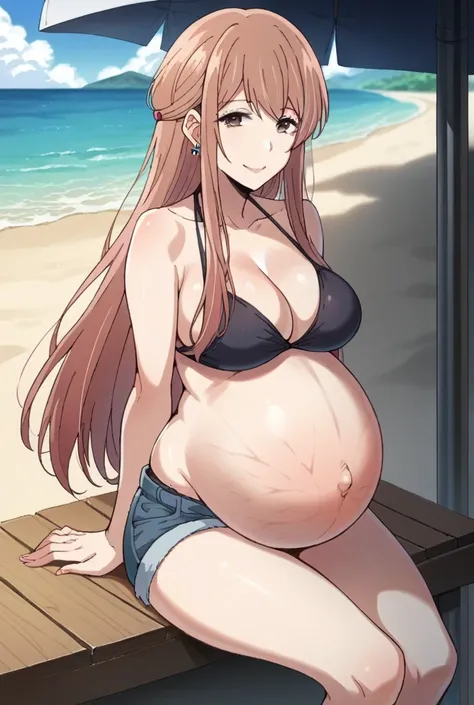 score_9, score_8_up, score_7_up, source_anime,
akaneminagawa, akane minagawa, long hair, bangs, brown hair, brown eyes, Big breasts,
Bikini, shorts, Heels, big belly, large belly, Beach, background, rubing belly, smile,
looking at viewer, cowboy shot, solo...