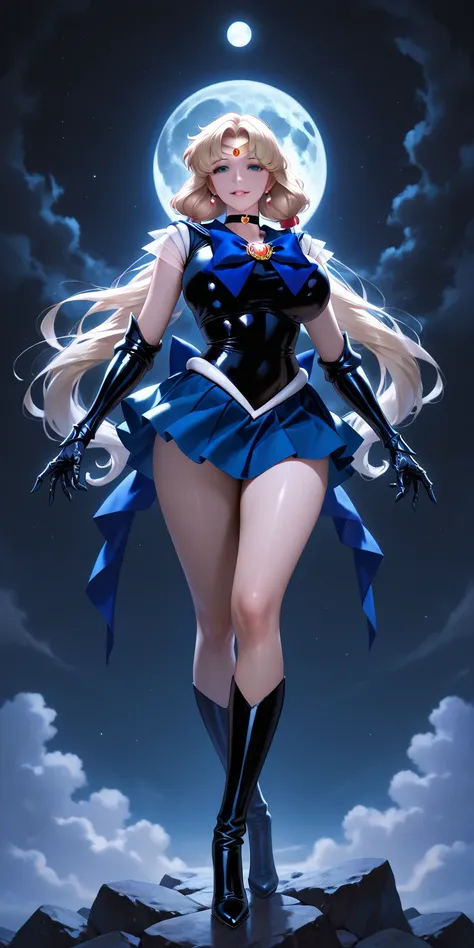 Masterpiece, newest, vibrant, very aesthetic, high contrast, mature woman, black moon\(sailor moon\), tall , big breast, sailor senshi uniform (sailor senshi uniform shirt, sailor senshi uniform gauntlets, sailor senshi uniform skirt, sailor senshi uniform...