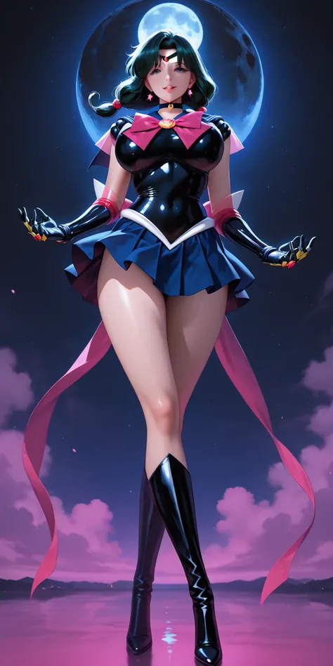 Masterpiece, newest, vibrant, very aesthetic, high contrast, mature woman, black moon\(sailor moon\), tall , big breast, sailor senshi uniform (sailor senshi uniform shirt, sailor senshi uniform gauntlets, sailor senshi uniform skirt, sailor senshi uniform...