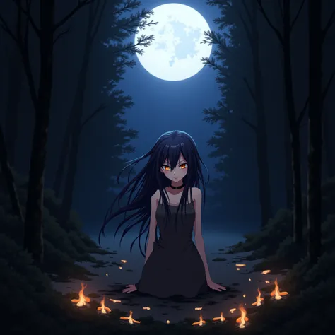 1 Anime Girl, long, very dark blue hair with bangs, des yeux perçants, In the middle of a realistic dark forest with a big moon and a few flames on the ground,