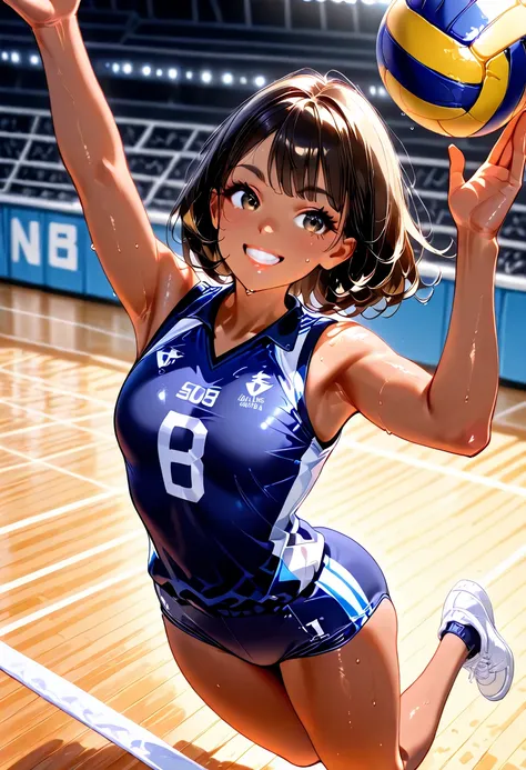 Ultra-detailed, hyper detailed, absurdres, 8k, highest quality, super high quality, one person, dynamic angle, 1 girl, cute, grownup, 22 years old, mature, lithe body, athletic body, small breasts, dark skin, outdoor volleyball court, jumping, spiking voll...