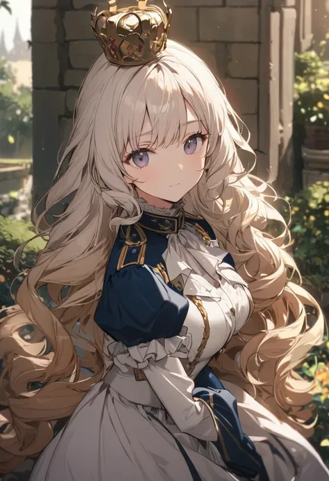 [high quality, best quality], 1girl, solo, garden of lowers, outdoors, white hair, beige hair, gradient hair, long hair, wavy hair, crown, bangs, victorian era uniform, Napoleonic military Uniform, Officer uniform, glove, looking at viewer, expressionless,...