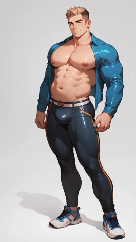 full body of Hot ager, Muscular Bara Boy, Wearing Open Shirt with Front Chubby Muscular Torso Fully Exposed with Navel and Nipples, Midriff and Side Pecs, Tight Cropped Pants Showing Leg's Calves, Very Hot and Handsome Youth