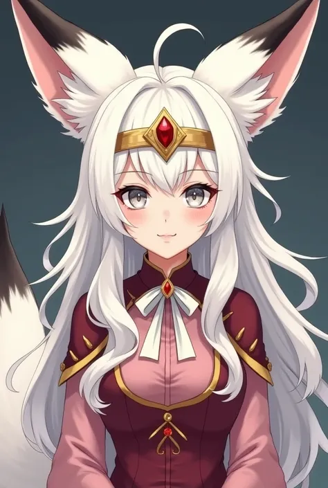  A fair-skinned woman , with white fox ears and tail with black tips,  long wavy white hair,  wearing a gold headband with a ruby in the center,  clothes drawn to a half-pink burgundy red with gold details with sleeves that cover the hands, a white bow aro...