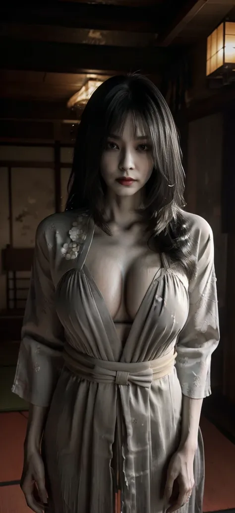 Alone,   high res,   masterpiece,  accurate,   top quality,   super high heels ,    numbers surrounded by textured skin, woman、4K、(( The background is standing in a Japanese-style room in the middle of the night)),   big breasted、Ghost、  white kimono、(((((...