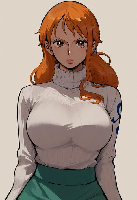 score_9, score_8_up, score_7_up, BREAK  1girl, solo, nami \(one piece\), turtleneck sweater,