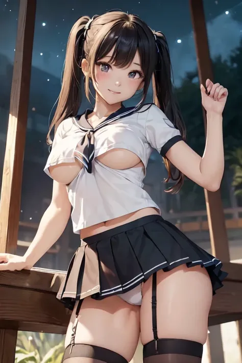 ((Best Quality)), ((masterpiece)), (detailed),Night Scenery,nsfw1.9、Front view of the whole body,(Large Breasts) ,Perfect Face,pretty girl、Long and supple hair、Twin tails,Black beautiful hair、Dynamic pose 1.7,Japanese idol girls,whole bodyに汗を掻く,smile,Embar...