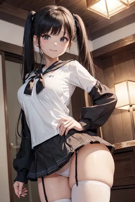 ((Best Quality)), ((masterpiece)), (detailed),Night Scenery,nsfw1.9、Front view of the whole body,(Large Breasts) ,Perfect Face,pretty girl、Long and supple hair、Twin tails,Black beautiful hair、Dynamic pose 1.7,Japanese idol girls,whole bodyに汗を掻く,smile,Embar...