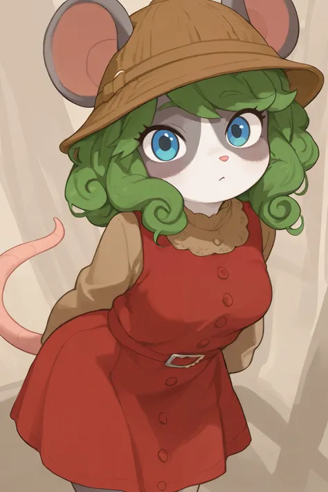 Female, white furry mouse, With dark gray ears. She has a green to applegreen curly hair, brown crochet hat. She's in red dress, Blue oceanic eyes