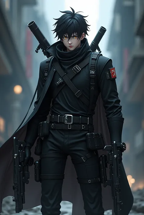 Magical photo of an anime hero wearing black and has some guns with sharp look, high quality resolution 4k