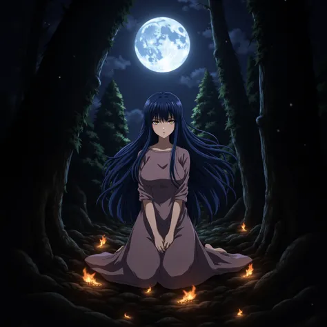 1 Anime Girl, long, very dark blue hair with bangs, des yeux perçants, In the middle of a realistic dark forest with a big moon and a few flames on the ground,