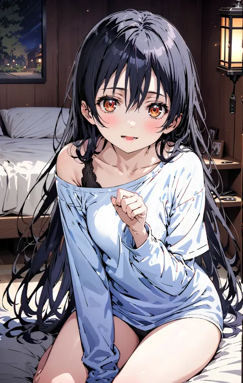   Sonoda Umi  ,  long hair, bangs,  hair between eyes,  brown eyes, smile,sleepy, open the mouth, Lantern,hair straightener,Un blouse,  loose t-shirt , one shoulder, Long Sleeve,Black string underwear ,Bare legs, bed with my thighs, beautiful scenery, resi...