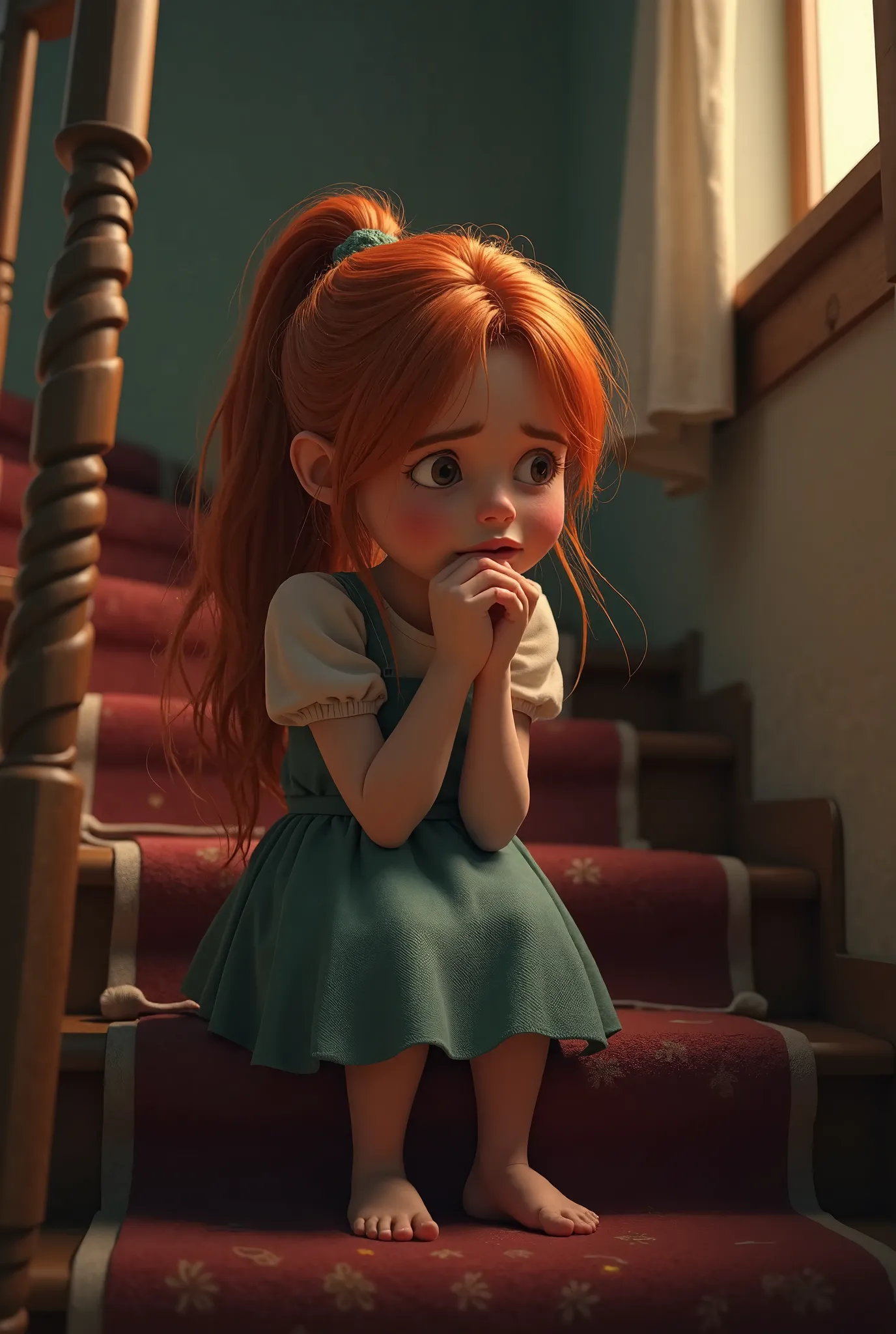 YOUNG REDHEAD WITH TIED HAIR PRAYING ON THE STAIRCASE OF HER HOUSE AND CRYING,  work of art, 4K, masterpiece, STYLE 3d animation, disney pixar