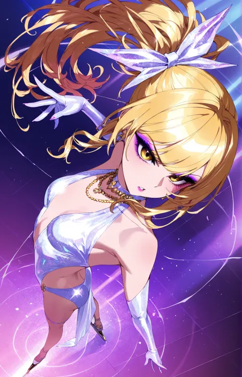 (sfw:1.5), makeup gyaru, cool beauty, solo girl, light skin, gold eyes, bee_wing, glitter white costume, extreme figure_skating, gold hair, high side ponytail, slender, small breast, serious, parted lips, perspective, from side,Dutch angle,