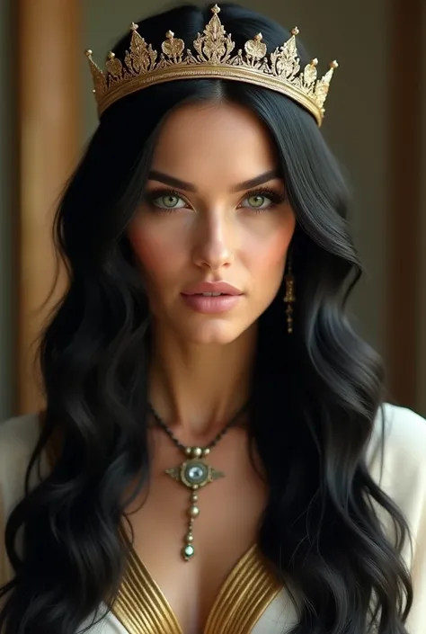 Now create for me a woman who looks like Megan Fox and must look like a Roman Empress., Does it have teal green eyes,  the black and very long hair, smooth and white skin, Very clear. Must wear a bay crown.