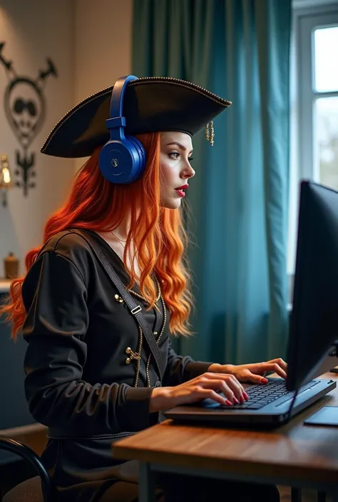 Femme rousse aux cheveux long avec une frange debout avec un pc qui est en levitation devant elle et un casque Bluetooth bleu. Elle est habillé en pirate.  Sur le mur du fond il y marquer cichiesuitsesenvies. tout flotte . Style kawai