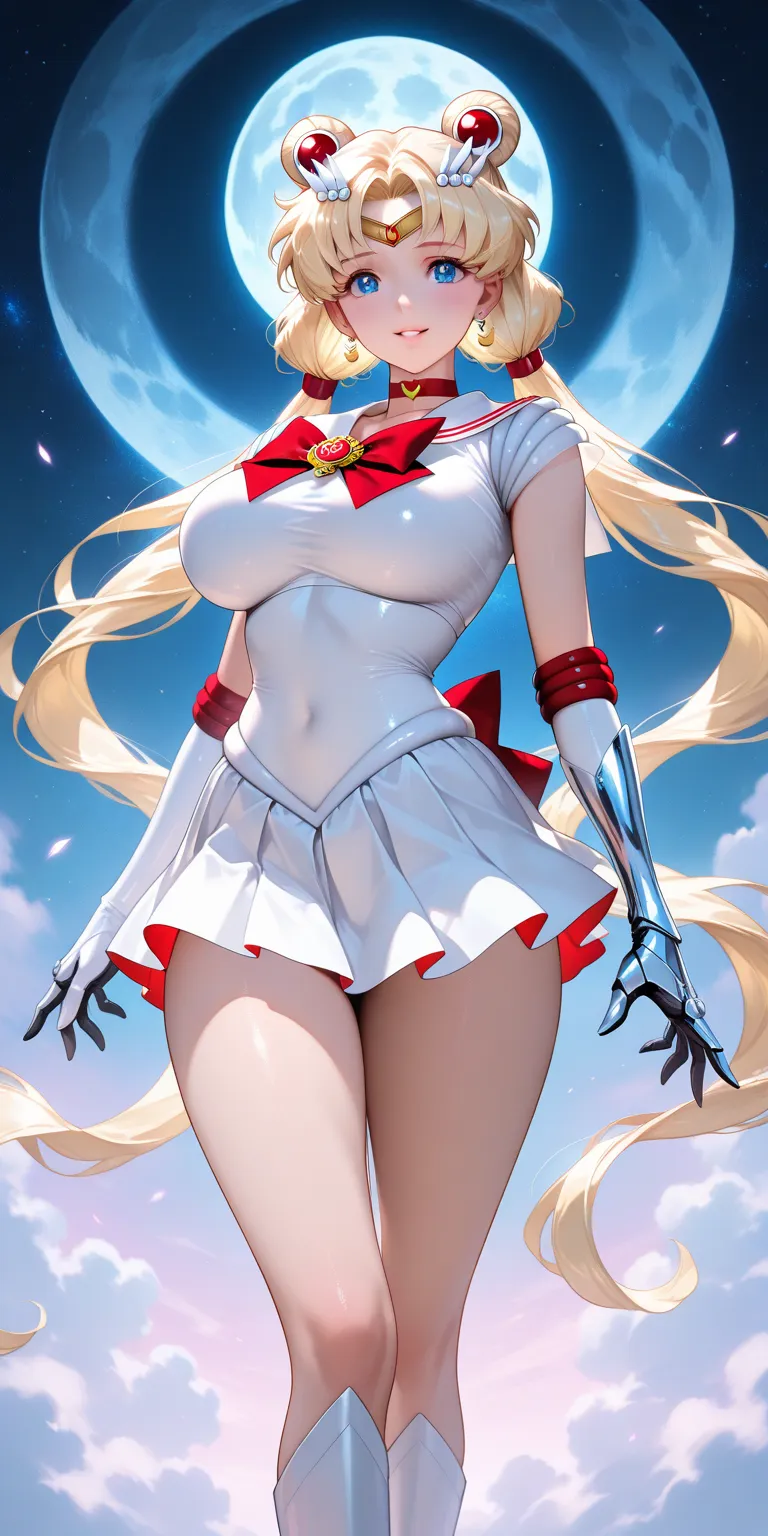 Masterpiece, newest, vibrant, mature woman, sailor moon, tall, big breast, white sailor senshi uniform (white sailor senshi uniform shirt, white sailor senshi uniform gauntlets, white sailor senshi uniform skirt, white sailor senshi uniform high boots), si...