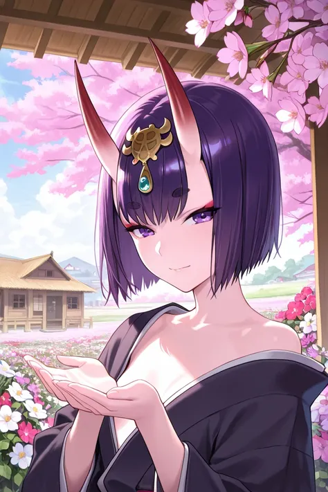 1girl, wooden houses, spring, clouds,  shuten_douji_fate,  open black kimono, bangs, purple hair, purple eyes, hands, beautiful detailed eyes, looking at viewer, detailed cherry blossoms, (many flowers: 1.4)