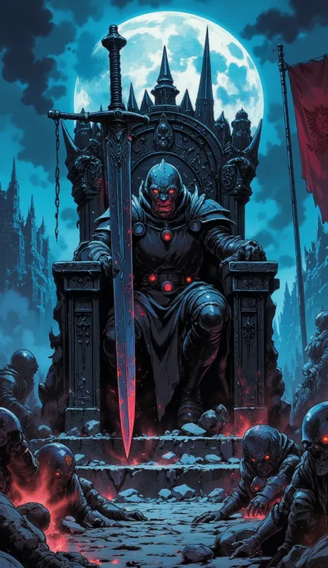 A colossal, ancient throne of black stone and jagged obsidian spikes stands in the heart of a ruined fortress, bathed in the ghostly glow of a dying moon. Seated upon it, a shadowy knight-king, clad in tattered yet majestic midnight-black armor, rests one ...