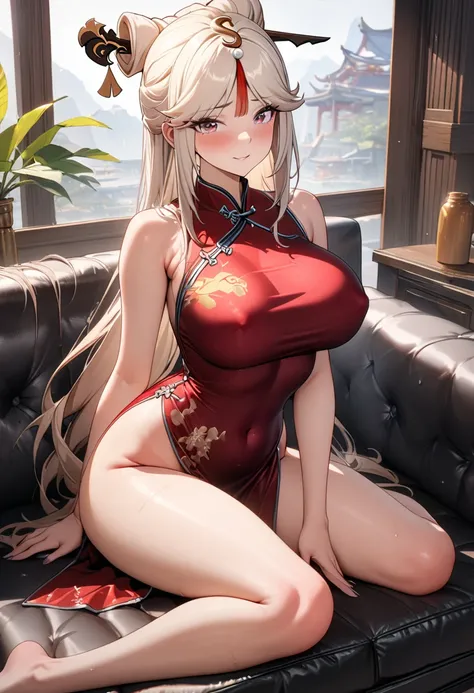 8k, masterpiece, best quality, ultra detailed, Ultra-high resolution, Highly detailed CG, break, 1girl, Ningguang\(genshin impact\), kawaii, nsfw, big breasts, slender, (Cheongsam:1.2), full body, indoors, sitting on sofa
