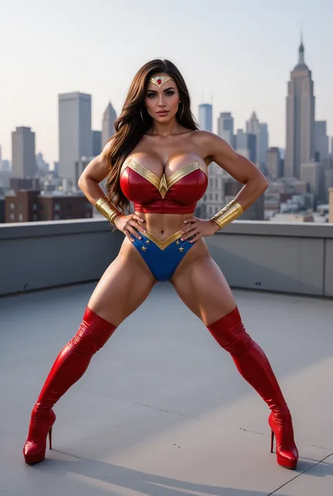 Create a masterpiece profolio image of Sybim Stalone the pornstar dressed as Wonder Woman from detective comics. Her costume is glossy spandex. She has red knee high glossy latex boots with stilettos heels and a white stripe up the middle. Gold arm bands. ...