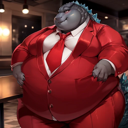 by lollipopcon, by azelyn, by bakemonoy, (solo:1.5), A fat (male godzilla), (elegant red attair suit, red tie:1.4), (morbidly obese:1.7), (godzilla is standing by restaurant:1.5), (scales on back of Godzilla), 8k, 1080P, masterpiece