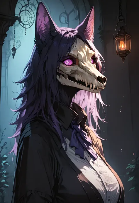 Tall_athletic_mature_wolf scp-1471 skull_mask female black_furry_body purple_eyes very_fluffy solo Masterpiece best_quality absurdres highly_detailed well_drawn_eyes anthro_only by_greasymojo by_runawaystride, umbravellum
