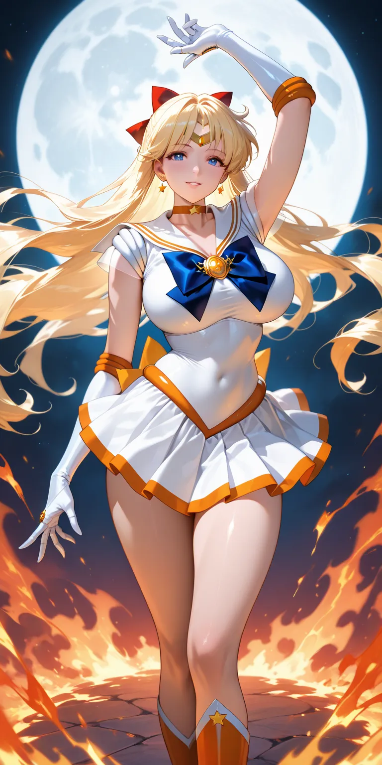 Masterpiece, newest, vibrant, mature woman, sailor venus, tall, big breast, white sailor senshi uniform (white sailor senshi uniform shirt, white sailor senshi uniform gauntlets, white sailor senshi uniform skirt, white sailor senshi uniform high boots), t...