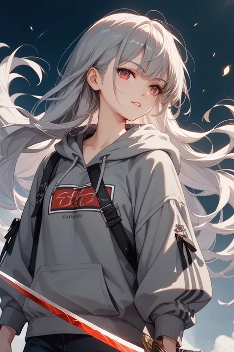 Gray Hair、Red Eyes、 long hair、 grey hoodie、 not wearing a hood 、Long Sword、 high definition