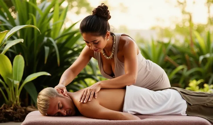 a woman giving a lomi lomi "massage to a man", paradise garden massage, spa, health spa and meditation center, lush paradise, relaxing, very relaxing, lush oasis, beautiful views, soothing, indian master, highly relaxed man on massage table