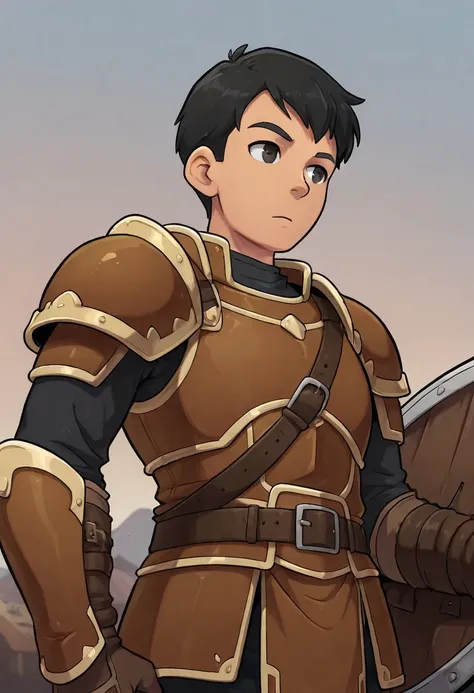 looking left, transparent background, upper-body, 1boy, brown armor, giant, black hair, short hair, leather strap, shield