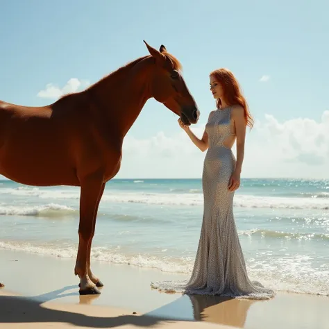  create a celebrity image similar to Jessica Chastain . The scene depicts a red-haired woman standing on the edge of the beach,  in a place of natural beauty and tranquility .  She wears a dazzling long silver dress with glitter ,  that adapts perfectly to...