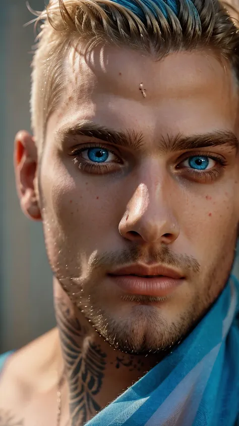 male portrait, beautiful face ,blonde hair  ,stubble beard perfect face, deliberate, masterpiece, best quality, highest quality, cinematic lighting, very beautiful, ultra realistic, tattoos, tattooed, beautiful,  captivating, mesmerizing blue eyes