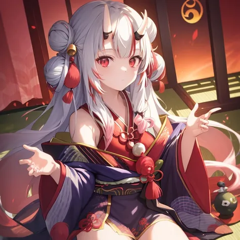 ((​masterpiece)), (Top image quality),  solo, Hyakki Ayame, The long-haired, Double bun, Iris Base,  kimono, hair bell, a belt, White thighs, Plain shoulders, long-sleeve, onimous,Demon Horns , full body Esbian、shrines