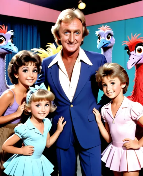  Rod Hull and his Emu in the famous TV show, "EMU's World ", with boys and girls dancers on the set 
