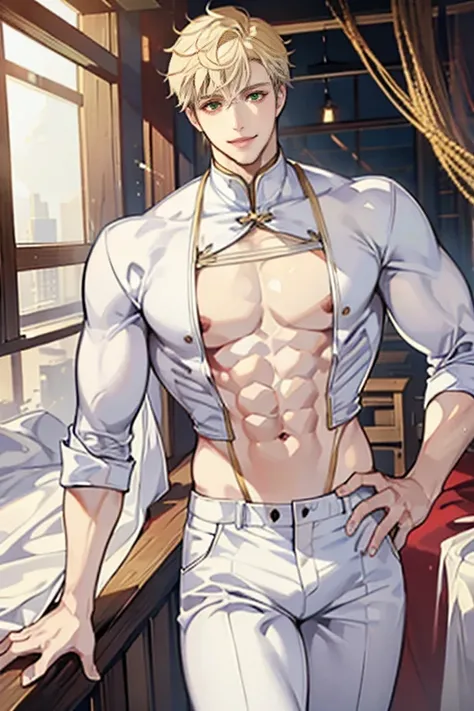 white male, blonde hair, muscular, tight white shirt, red pants, giant bulge, enormous bulge, brown eyes, young male, anime style, sly smile, full body, perfect face, broad shoulders, narrow waist, abs