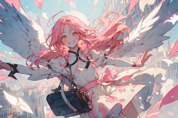  run、 one girl、  smaller nipples、 pink hair  ,      yellow eyes,   white skirt   ,  has white wings 、smile , bag、 midfield～ cute illustration of middle to high rise buildings    , background　  Fluttering Petals   、 background 朝の街、