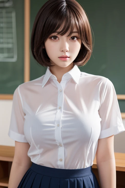 Solo  top quality,  masterpiece,  Highly Detailed CG ,  Very Detailed 8k Wallpaper , Indoor, classroom,  masterpiece,  top quality,  extreme detail ,  Chubby Anime Style,  sharp focus ,  intricate details , ,  huge boobs,  high resolution, white shirt,  Na...