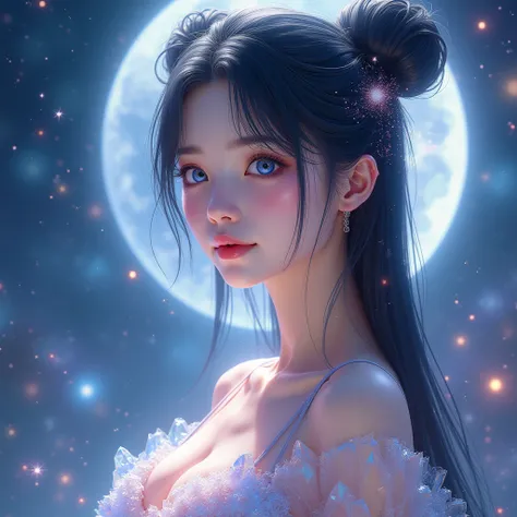 A hyper-realistic digital painting of a celestial ‘Crystal Priestess’ in a stunning bust-up portrait. She has the delicate and beautiful face of a Japanese idol, with large, expressive, stardust-filled blue eyes and a gentle, sweet expression. Her long, lu...