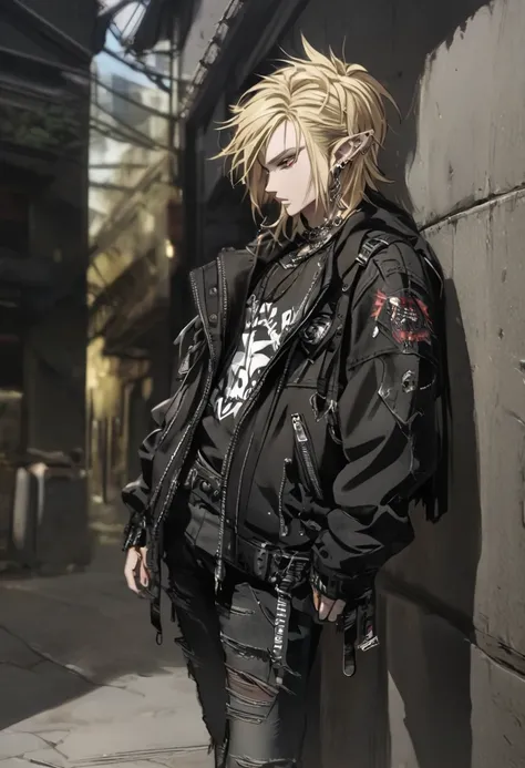 Blonde haired male elf wearing modern rock style clothing